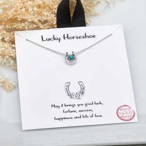 Lucky horse shoe necklace with turquoise bead,Silver or gold,Good fortune gift necklace,Good luck note card image 4