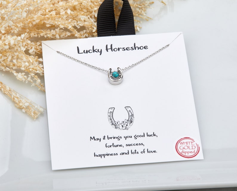 Lucky horse shoe necklace with turquoise bead,Silver or gold,Good fortune gift necklace,Good luck note card image 4