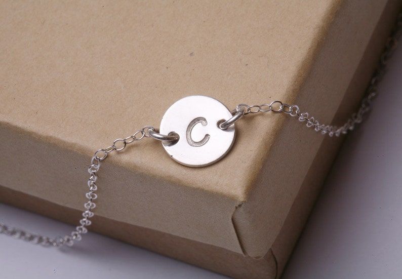 Hand stamped initial connector Necklace with font choice,simple custom font initial necklace,custom note card,Birthday gift,Bridesmaid gift silver