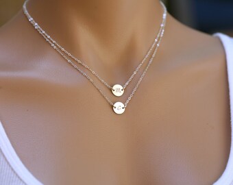 Double Layered initial necklace,monogram necklace,hand stamped initial,sister gift,mother and baby necklace,font choices,couple initials