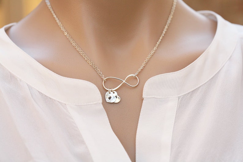 LARGE Infinity Necklace,silver or gold,initial disc or heart necklace,custom font,hand stamped monograms,Mother necklace,mother in law gift image 2