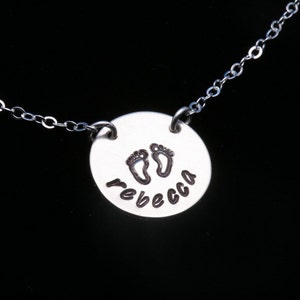 baby shower gift,Baby feet necklace,hand stamped baby name,Mother&#39;s day gift,Personalized Push gift,Mom and baby,mom gift,big name date tag