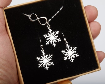 Snowflake infinity necklace earring set,large sterling silver snowflake,Winter wedding gift,xmas gift,Bridesmaid gift,custom note card