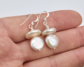 Stacked two layer freshwater Coin Pearl earrings,flat pearl earrings,Duo sterling silver earrings,bridesmaid earrings,best friend gift