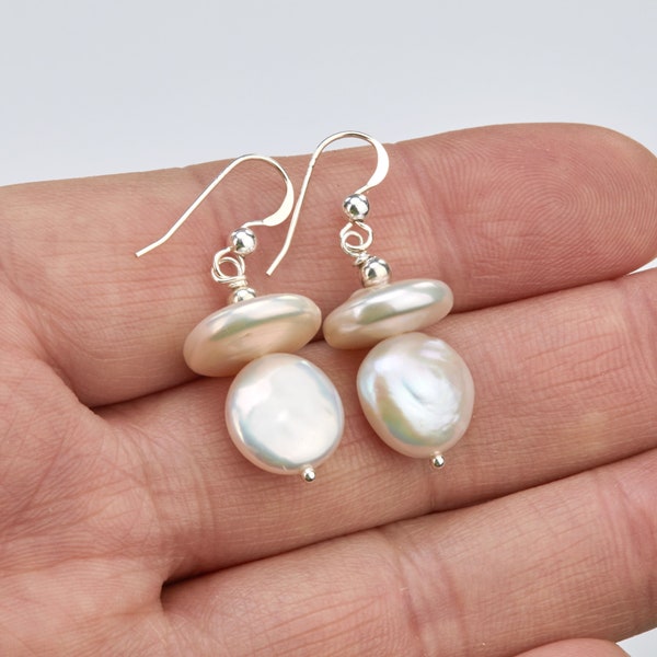 Stacked two layer freshwater Coin Pearl earrings,flat pearl earrings,Duo sterling silver earrings,bridesmaid earrings,best friend gift