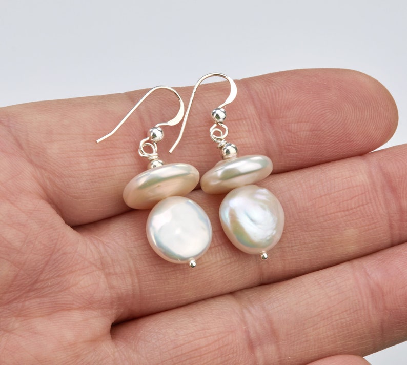 Stacked two layer freshwater Coin Pearl earrings,flat pearl earrings,Duo sterling silver earrings,bridesmaid earrings,best friend gift image 1