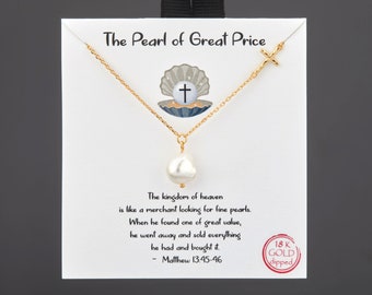 Sideways cross necklace with large pearl pendant,Confirmation gift necklace,faith necklace,Best friend gift,Matthew verse card