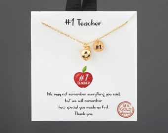 Collier pomme en or avec breloque numéro 1, meilleur cadeau pour enseignant collier avec mot de remerciement, cadeau pour enseignant