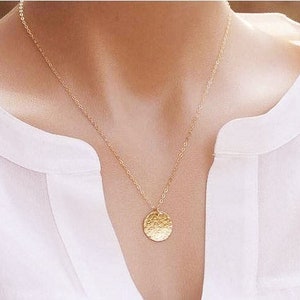 Hammered large gold disc necklace,large circle necklace,hammered disc,textured gold circle,Large Gold circle,mother's gift,everyday jewelry image 1