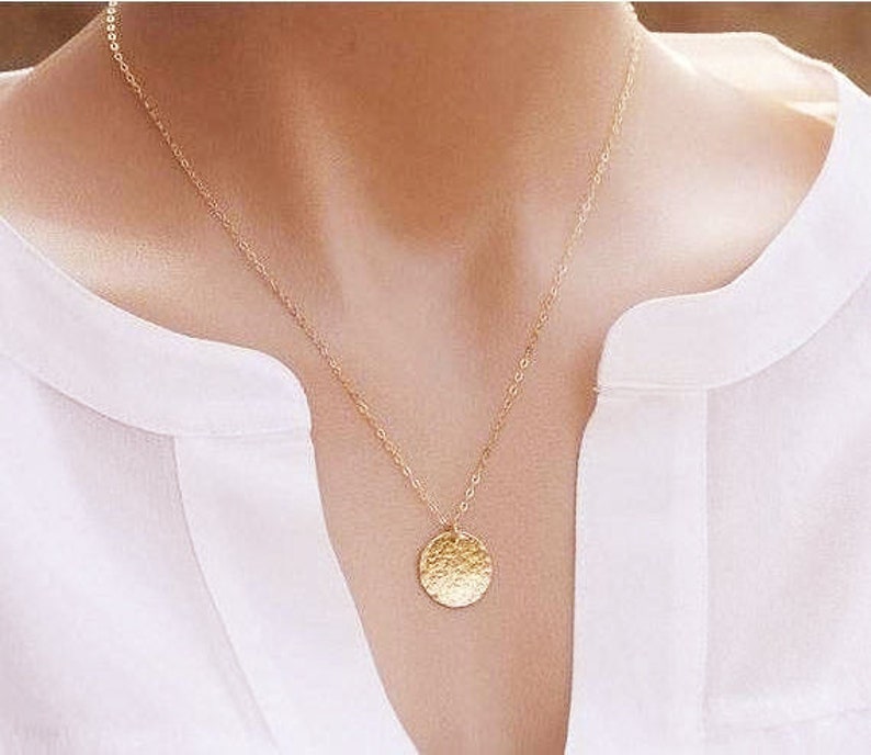 Hammered large gold disc necklace,large circle necklace,hammered disc,textured gold circle,Large Gold circle,mother's gift,everyday jewelry image 1