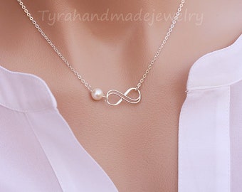 Personalized double Infinity necklace,Figure eight,infinity pearl jewelry,custom birthstone,Friendship,bridesmaid wedding gift,birthday gift