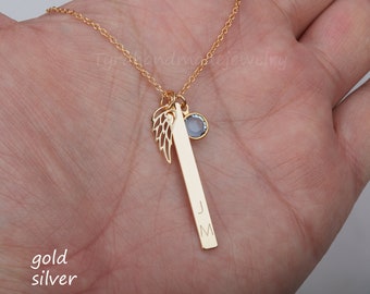 Memorial angel wing vertical bar necklace,engraved bar necklace,name date coordinates bar,remembrance birthstone gift,custom jewelry card