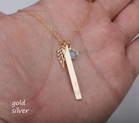 Memorial Angel Wing Vertical Bar Necklace engraved Bar Necklace name Date Coordinates Bar remembrance Birthstone Gift custom Jewelry Card Etsy