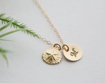 Personalized Sand Dollar necklace,Hand stamped initial necklace,custom font monogram,beach ocean wedding,bridesmaid gift,custom jewelry card