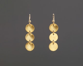 Three tier Gold Brushed Coin Earrings,long Drop Earrings,Tiny textured disc Earrings,gold Dot Earrings,Minimalist Earrings