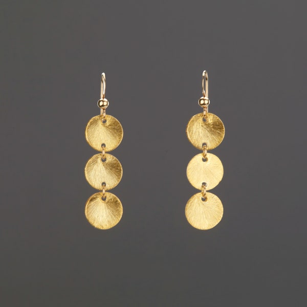 Three tier Gold Brushed Coin Earrings,long Drop Earrings,Tiny textured disc Earrings,gold Dot Earrings,Minimalist Earrings