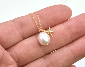 Starfish pearl necklace,Tiny textured Starfish Pearl necklace,Flower girl gift,Beach ocean wedding gift,gold sea star Jewelry