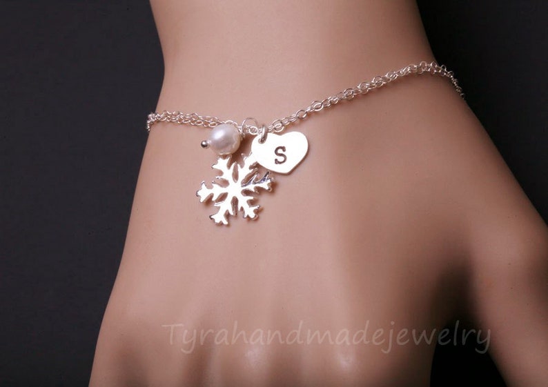 SNOWFLAKE initial heart bracelet,heart initial Bracelet,Monogram initial,Wire wrapped Pearl,WINTER WEDDING,Christmas gift,Bridesmaids Gifts image 2