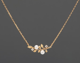 Gold Leaf Pearl Necklace | Dainty Branch Necklace with Pearls & CZ | Nature Inspired Minimalist Jewelry | Bridal Gift for Her
