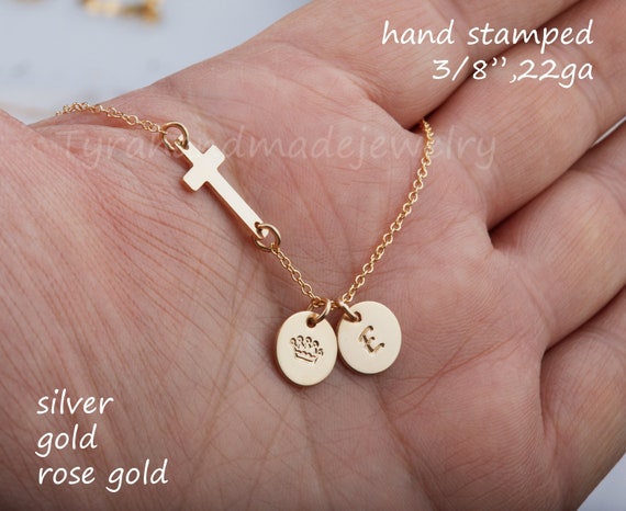 Side cross sterling silver delicate necklace hand stamped initial charm birthday anniversary friends gift Simple everyday necklace Alphabet