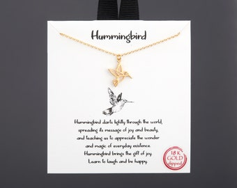 Gold dipped hummingbird necklace with note card,CZ eye hummingbird,hypoallergenic gold dipped,joy and happiness necklace,best friend gift