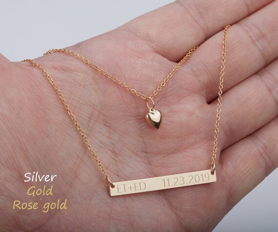 Set of 2 heart Engraved Bar Necklace gps Necklace skinny Initial Name Plate full Name Bar coordinate Necklace number date quote message Bar Etsy