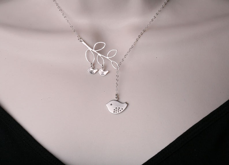 Initial Bird necklace,Bird family branch,Mom and baby,grandma gift,Mother's day gift,family monogram,anniversary gift,custom jewelry note image 3