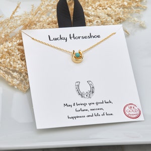 Lucky horse shoe necklace with turquoise bead,Silver or gold,Good fortune gift necklace,Good luck note card image 2