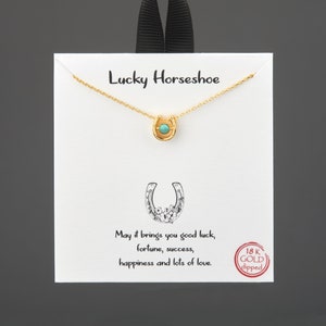 Lucky horse shoe necklace with turquoise bead,Silver or gold,Good fortune gift necklace,Good luck note card image 1