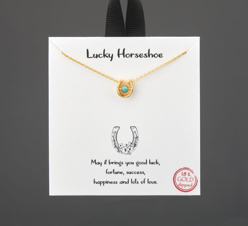 Lucky horse shoe necklace with turquoise bead,Silver or gold,Good fortune gift necklace,Good luck note card image 1
