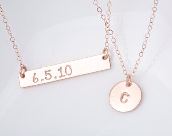 Bar anniversary date Necklace,Rose Name Plate date bard Necklace,disc circle Bar necklace,Rectangle Charm Necklace,circle bar necklace