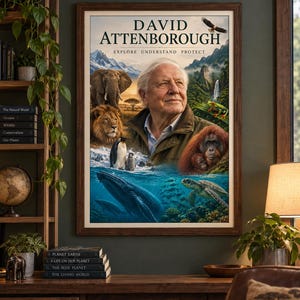 Puede incluir: Un póster enmarcado con un retrato de David Attenborough rodeado de varios animales, incluyendo un elefante, león, pingüino, orangután, ballena, tortuga marina y rana, con el texto "DAVID ATTENBOROUGH EXPLORE UNDERSTAND PROTECT".
