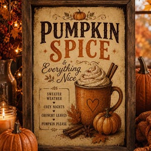Puede incluir: Un letrero de pared rectangular enmarcado con el texto PUMPKIN SPICE & Everything Nice, Sweater Weather, Cozy Nights, Crunchy Leaves y Pumpkin Please. La ilustración muestra una taza con crema batida, ramas de canela y calabazas.