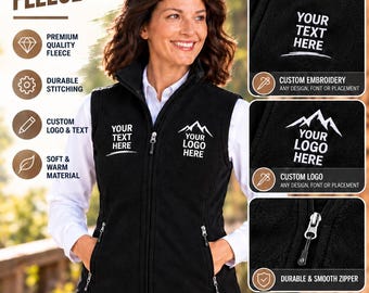 May include: A black fleece vest featuring a full-length front zipper, two zippered side pockets, and a high collar. The chest area displays white embroidered text reading YOUR TEXT HERE and a mountain graphic with YOUR LOGO HERE underneath.