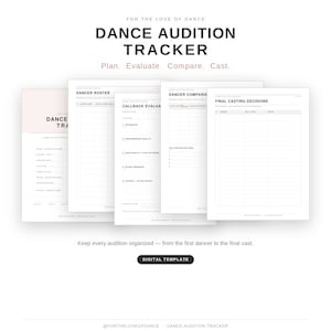 Może przedstawiać: Cyfrowy szablon do śledzenia przesłuchań tanecznych składający się z wielu białych stron z czarnym tekstem. Sekcje obejmują Dancer Roster, Callback Evaluation, Dancer Comparison oraz Final Casting Decisions. Nagłówek brzmi For The Love Of Dance.