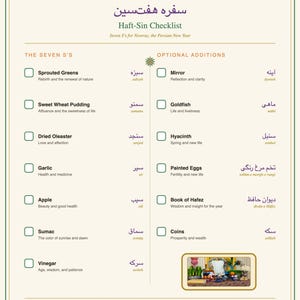 May include: A cream-colored Haft-Sin checklist for Nowruz featuring a list of seven items with checkboxes, including Sprouted Greens, Sweet Wheat Pudding, Dried Oleaster, Garlic, Apple, Sumac, and Vinegar, plus optional additions and a small photo.