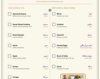 Nowruz Haft-Sin Checkliste zum Ausdrucken | Zweisprachige persische Anleitung zum Tischaufbau für das Neujahrsfest | Farsi Englisch