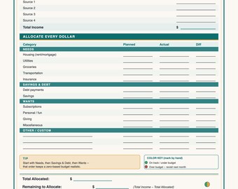 Monatsbudgetplaner-Set (Nullbasis) | Druckbare Einnahmenverteilung, Kontoauszug + Monatsabschluss | 3-seitiges PDF