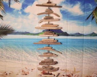 Handmade Driftwood Mobile with Beads | Coastal Boho Wall Hanging | Beach House Decor | "Blue Fish"