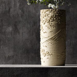 Cherry Blossom & Mount Fuji Planter Vase  - Art Gallery Series | Wood Texture Planter |  Modern Decorative Vase