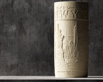 New York Vase – World Tour Serie | Holzstruktur | Inspiriert von Reiseplakaten | Moderne Dekovase