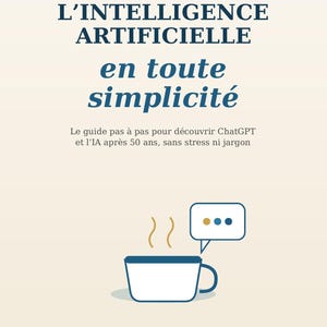 May include: A book cover titled SMART IA AGENCY L'INTELLIGENCE ARTIFICIELLE en toute simplicité. The cover features a white coffee mug with a speech bubble containing three dots, set against a cream background with a blue bottom border.