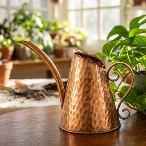 Vintage GREGORIAN signed Mid century modern hand hammered solid copper plant watering can Made in USA