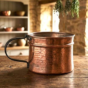 Peut inclure: Un grand pot cylindrique en cuivre présentant une texture martelée sur sa surface extérieure. Le récipient comprend une seule poignée incurvée en métal noir fixée sur le côté avec des rivets, et une crête horizontale sur le haut du corps.