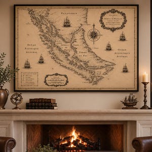 May include: A large, rectangular, framed vintage-style map of the Strait of Magellan, featuring sepia-toned parchment, black ink illustrations of sailing ships, a compass rose, and French text, displayed above a stone fireplace mantel.