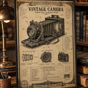 May include: A framed technical print titled Cartovian Engineering Collection Vintage Camera Patent Style Technical Print. It features a detailed diagram of a bellows camera with numbered parts, lens optics, shutter mechanism, and specifications.