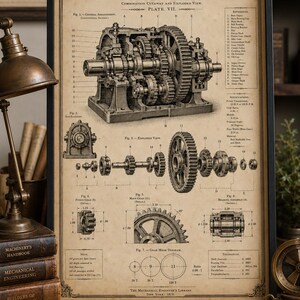 May include: A framed vintage-style print titled Industrial Gear Mechanism Study, featuring technical diagrams, exploded views, and gear mesh schematics on aged paper. The poster includes detailed mechanical annotations, labels, and specifications.