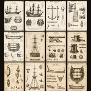May include: A collection of 12 maritime blueprint posters featuring detailed technical illustrations of historical naval architecture, including ships, anchors, cannons, and rigging components, all presented in a vintage sepia-toned aesthetic.
