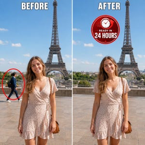 Pode incluir: Uma comparação em tela dividida mostrando um serviço de edição de fotos antes e depois. À esquerda, uma pessoa com um vestido envelope floral em frente à Torre Eiffel com uma pessoa circulada em vermelho. À direita, a mesma cena sem a pessoa e com um emblema circular vermelho que diz READY IN 24 HOURS.