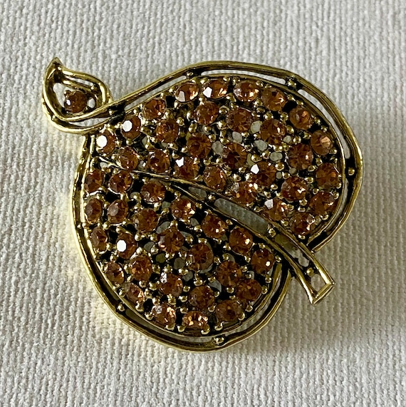 Vintage Topaz Rhinestone Leaf Brooch